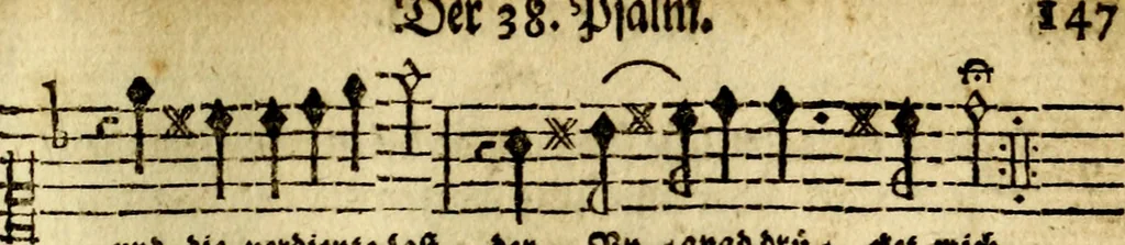 An illustration from Die mit teutschen Saiten überzogene, heilige Kron-Harffe, oder, Verfassung des gantzen Psalter Davids in teutsche Reim-Gebände : vermittelst sonderbarer darzu mit dem basso continuo, neu-verfertigter Kunst-Melodeyen ..., 1680, leaf 234