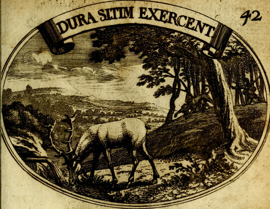 An illustration from Die mit teutschen Saiten überzogene, heilige Kron-Harffe, oder, Verfassung des gantzen Psalter Davids in teutsche Reim-Gebände : vermittelst sonderbarer darzu mit dem basso continuo, neu-verfertigter Kunst-Melodeyen ..., 1680, leaf 254