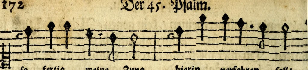 An illustration from Die mit teutschen Saiten überzogene, heilige Kron-Harffe, oder, Verfassung des gantzen Psalter Davids in teutsche Reim-Gebände : vermittelst sonderbarer darzu mit dem basso continuo, neu-verfertigter Kunst-Melodeyen ..., 1680, leaf 273