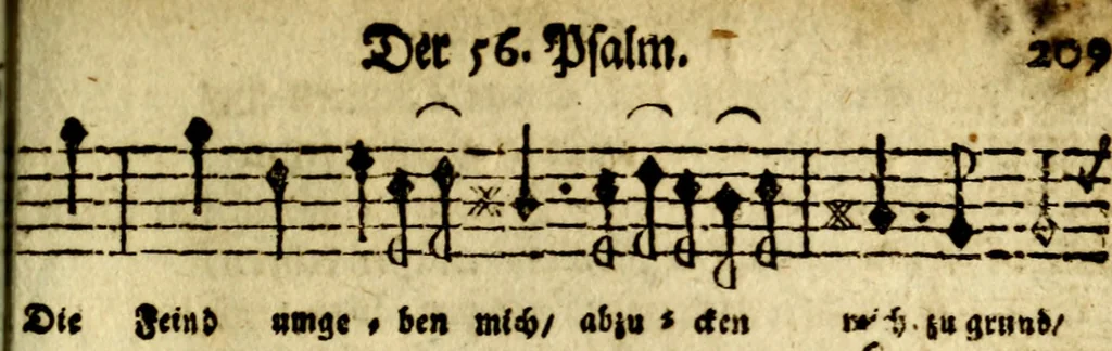 An illustration from Die mit teutschen Saiten überzogene, heilige Kron-Harffe, oder, Verfassung des gantzen Psalter Davids in teutsche Reim-Gebände : vermittelst sonderbarer darzu mit dem basso continuo, neu-verfertigter Kunst-Melodeyen ..., 1680, leaf 332