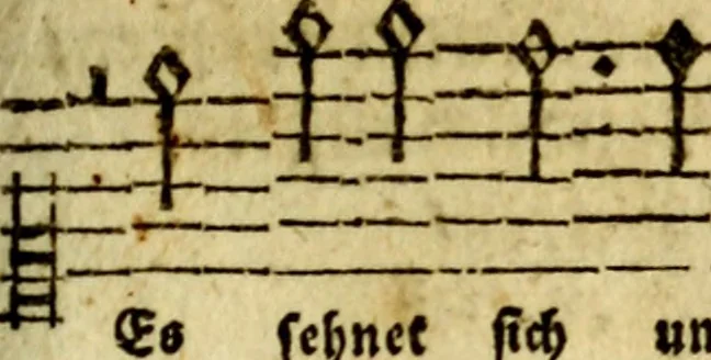 An illustration from Die mit teutschen Saiten überzogene, heilige Kron-Harffe, oder, Verfassung des gantzen Psalter Davids in teutsche Reim-Gebände : vermittelst sonderbarer darzu mit dem basso continuo, neu-verfertigter Kunst-Melodeyen ..., 1680, leaf 368