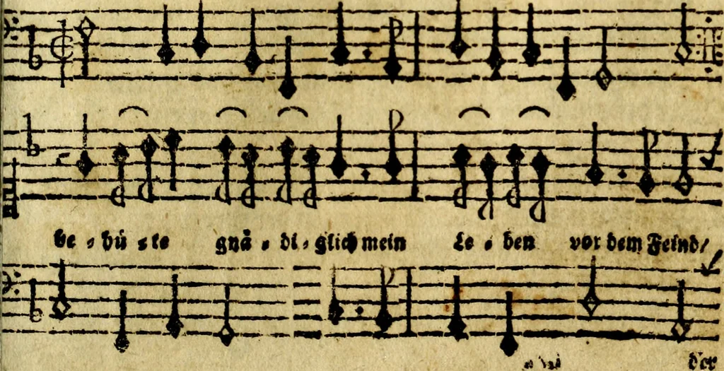 An illustration from Die mit teutschen Saiten überzogene, heilige Kron-Harffe, oder, Verfassung des gantzen Psalter Davids in teutsche Reim-Gebände : vermittelst sonderbarer darzu mit dem basso continuo, neu-verfertigter Kunst-Melodeyen ..., 1680, leaf 372