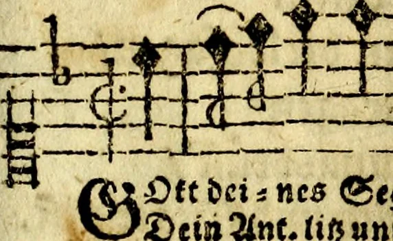 An illustration from Die mit teutschen Saiten überzogene, heilige Kron-Harffe, oder, Verfassung des gantzen Psalter Davids in teutsche Reim-Gebände : vermittelst sonderbarer darzu mit dem basso continuo, neu-verfertigter Kunst-Melodeyen ..., 1680, leaf 388