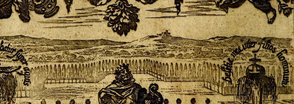 An illustration from Die mit teutschen Saiten überzogene, heilige Kron-Harffe, oder, Verfassung des gantzen Psalter Davids in teutsche Reim-Gebände : vermittelst sonderbarer darzu mit dem basso continuo, neu-verfertigter Kunst-Melodeyen ..., 1680, leaf 5