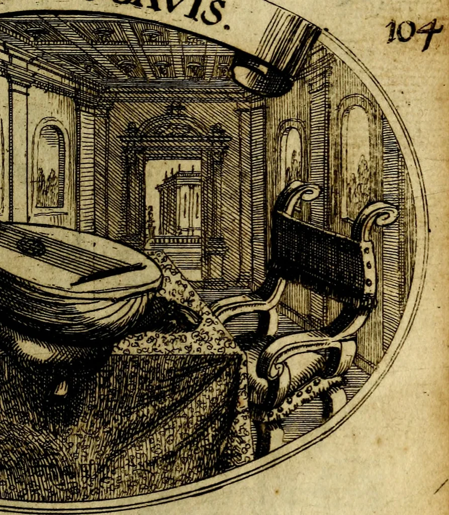 An illustration from Die mit teutschen Saiten überzogene, heilige Kron-Harffe, oder, Verfassung des gantzen Psalter Davids in teutsche Reim-Gebände : vermittelst sonderbarer darzu mit dem basso continuo, neu-verfertigter Kunst-Melodeyen ..., 1680, leaf 586