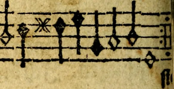 An illustration from Die mit teutschen Saiten überzogene, heilige Kron-Harffe, oder, Verfassung des gantzen Psalter Davids in teutsche Reim-Gebände : vermittelst sonderbarer darzu mit dem basso continuo, neu-verfertigter Kunst-Melodeyen ..., 1680, leaf 601