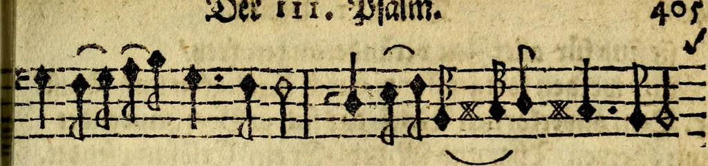 An illustration from Die mit teutschen Saiten überzogene, heilige Kron-Harffe, oder, Verfassung des gantzen Psalter Davids in teutsche Reim-Gebände : vermittelst sonderbarer darzu mit dem basso continuo, neu-verfertigter Kunst-Melodeyen ..., 1680, leaf 634