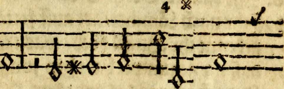 An illustration from Die mit teutschen Saiten überzogene, heilige Kron-Harffe, oder, Verfassung des gantzen Psalter Davids in teutsche Reim-Gebände : vermittelst sonderbarer darzu mit dem basso continuo, neu-verfertigter Kunst-Melodeyen ..., 1680, leaf 648