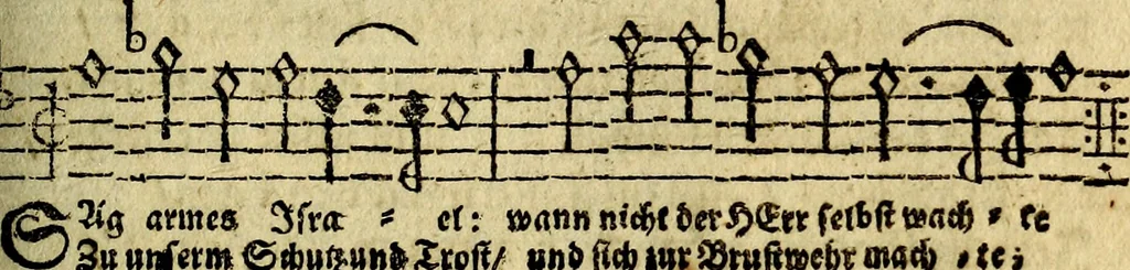 An illustration from Die mit teutschen Saiten überzogene, heilige Kron-Harffe, oder, Verfassung des gantzen Psalter Davids in teutsche Reim-Gebände : vermittelst sonderbarer darzu mit dem basso continuo, neu-verfertigter Kunst-Melodeyen ..., 1680, leaf 708