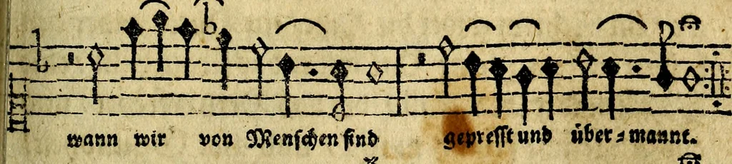 An illustration from Die mit teutschen Saiten überzogene, heilige Kron-Harffe, oder, Verfassung des gantzen Psalter Davids in teutsche Reim-Gebände : vermittelst sonderbarer darzu mit dem basso continuo, neu-verfertigter Kunst-Melodeyen ..., 1680, leaf 708