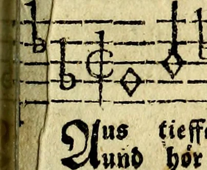 An illustration from Die mit teutschen Saiten überzogene, heilige Kron-Harffe, oder, Verfassung des gantzen Psalter Davids in teutsche Reim-Gebände : vermittelst sonderbarer darzu mit dem basso continuo, neu-verfertigter Kunst-Melodeyen ..., 1680, leaf 734