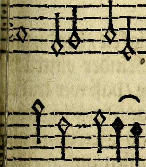 An illustration from Die mit teutschen Saiten überzogene, heilige Kron-Harffe, oder, Verfassung des gantzen Psalter Davids in teutsche Reim-Gebände : vermittelst sonderbarer darzu mit dem basso continuo, neu-verfertigter Kunst-Melodeyen ..., 1680, leaf 748