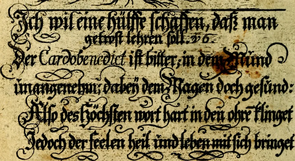 An illustration from Die mit teutschen Saiten überzogene, heilige Kron-Harffe, oder, Verfassung des gantzen Psalter Davids in teutsche Reim-Gebände : vermittelst sonderbarer darzu mit dem basso continuo, neu-verfertigter Kunst-Melodeyen ..., 1680, leaf 79