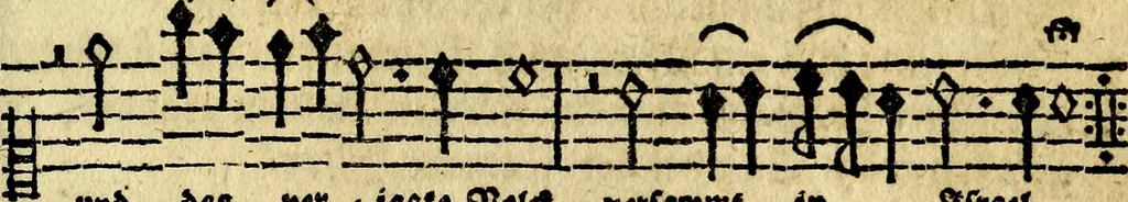 An illustration from Die mit teutschen Saiten überzogene, heilige Kron-Harffe, oder, Verfassung des gantzen Psalter Davids in teutsche Reim-Gebände : vermittelst sonderbarer darzu mit dem basso continuo, neu-verfertigter Kunst-Melodeyen ..., 1680, leaf 816