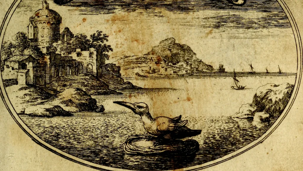 An illustration from Die mit teutschen Saiten überzogene, heilige Kron-Harffe, oder, Verfassung des gantzen Psalter Davids in teutsche Reim-Gebände : vermittelst sonderbarer darzu mit dem basso continuo, neu-verfertigter Kunst-Melodeyen ..., 1680, leaf 98