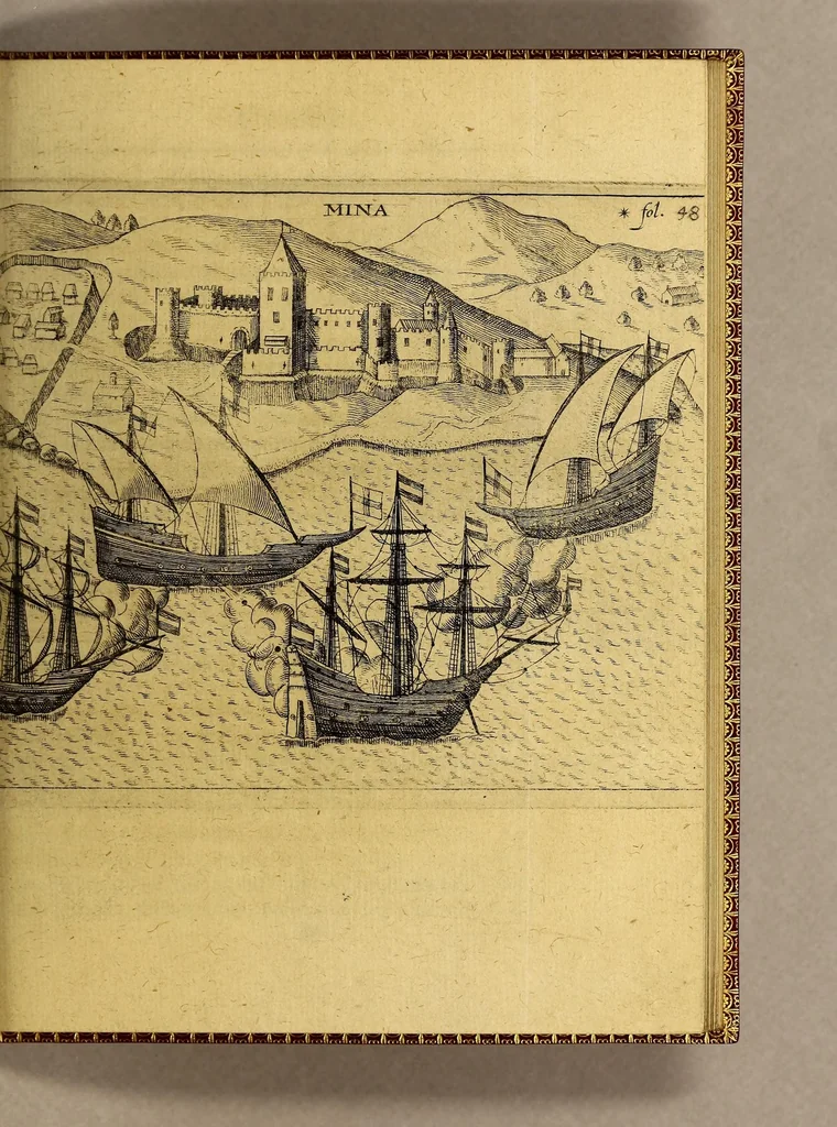 An illustration from Die neuntzehende Schiffarth, inhaltendt, Fünff Schiffarthen Samuel Brauns Burgers vnd Wund Artzt zu Basel, so er vor kurtzen Jahren in vnterschiedliche frembde Königreich vnd Landschafften glücklich gethan, nemlich, in Africam vnd dessen Provincien Congo, Bansa Loanga, Angola, Guinea, Morenland, Bennin, Amboisa, vnd zu dem festen Castell Nassaw in More. : Item gen Alexandriam in Syrien, in Portugall, Hispanien, Italien, wie auch vnterschiedliche Insulen, als da seynd die Canarien, Madera, Cales Males, Malta, Candia, Sicilein, Sardegna, Corfu, vnd andere mehr, biss zu seiner Widerkunfft in Hollandt, 1626, leaf 57