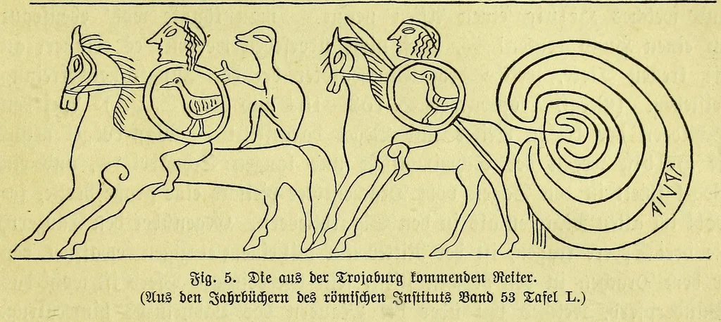 An illustration from Die nordische herkunft der Trojasage bezeugt durch den krug von Tragliatella : eine dritthalbtausendjährige urkunde : Nachtrag zu den Trojaburgen Nordeuropas, 1893, leaf 31