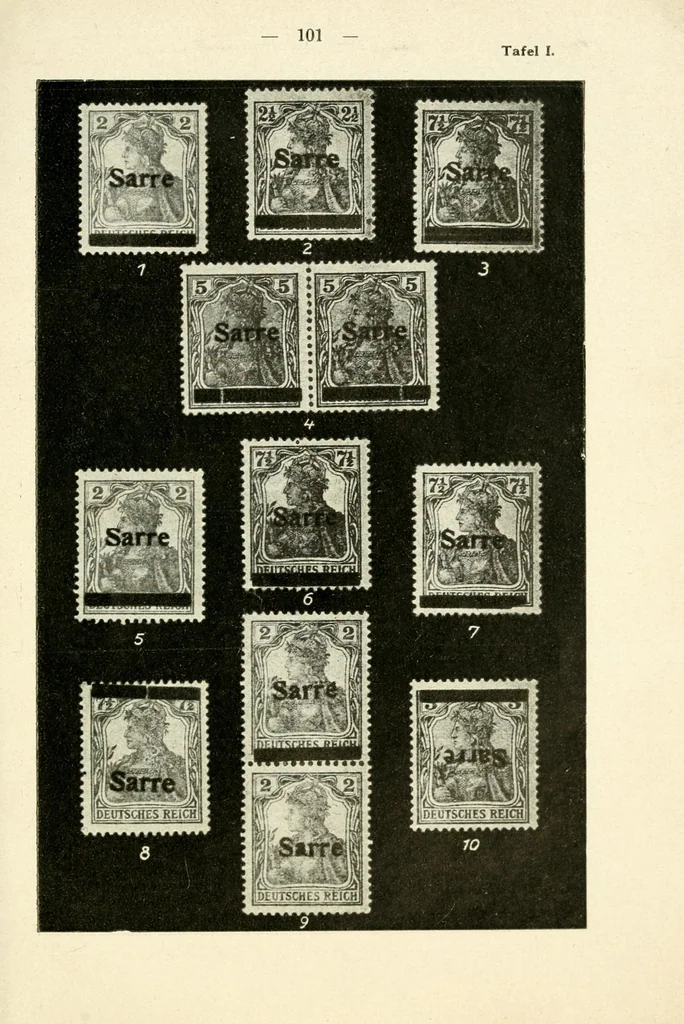 An illustration from Die Postwertzeichen des Saargebietes, Saarkatalog, 1922, leaf 113