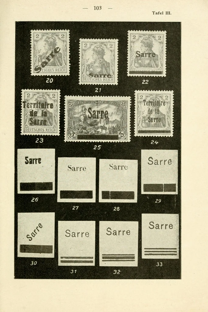An illustration from Die Postwertzeichen des Saargebietes, Saarkatalog, 1922, leaf 115