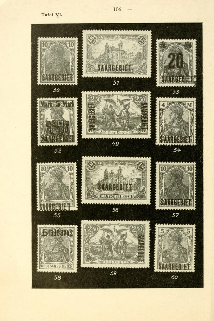 An illustration from Die Postwertzeichen des Saargebietes, Saarkatalog, 1922, leaf 118