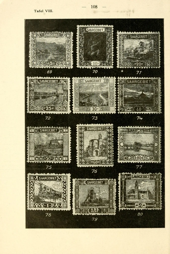An illustration from Die Postwertzeichen des Saargebietes, Saarkatalog, 1922, leaf 120