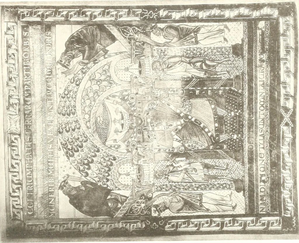 An illustration from Die Regensburger Buchmalerei des X. und XI. Jahrhunderts, Studien zur Geschichte der deutschen Malerei des frühen Mittelalters, 1901, leaf 256