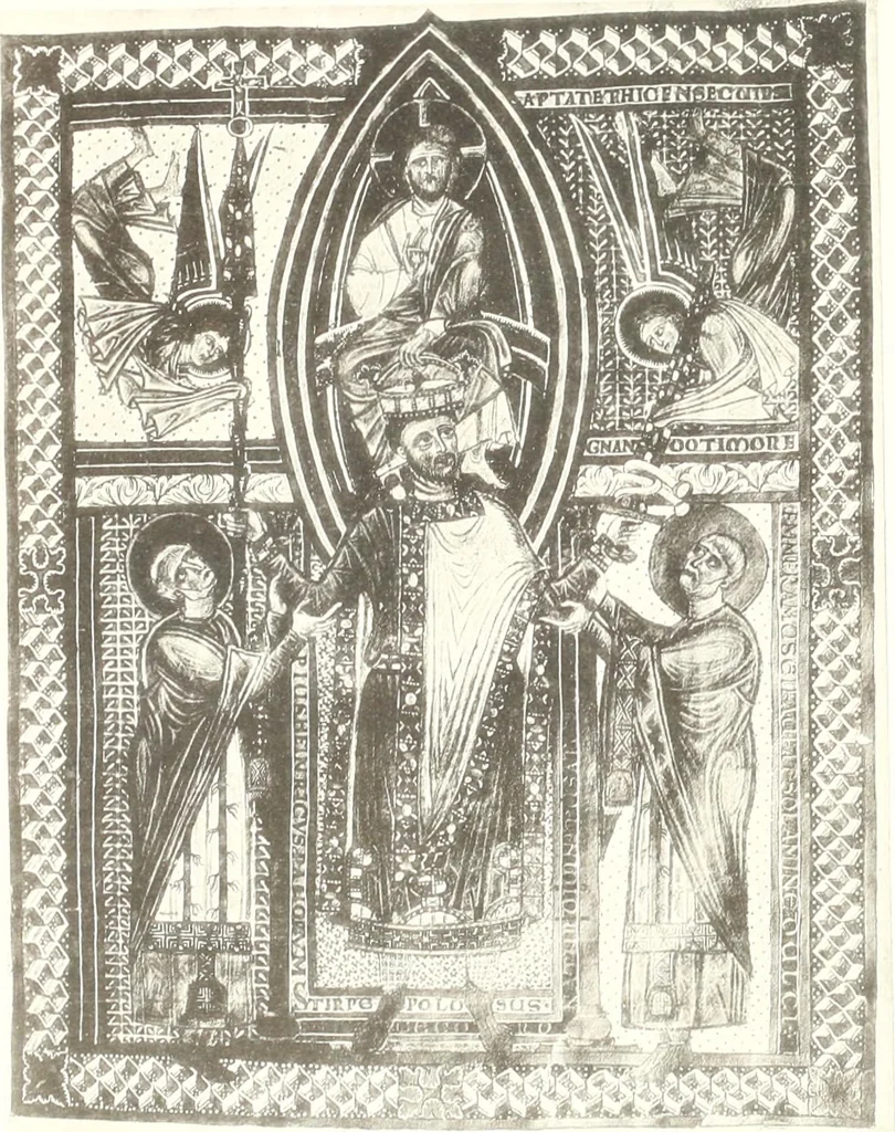 An illustration from Die Regensburger Buchmalerei des X. und XI. Jahrhunderts, Studien zur Geschichte der deutschen Malerei des frühen Mittelalters, 1901, leaf 256