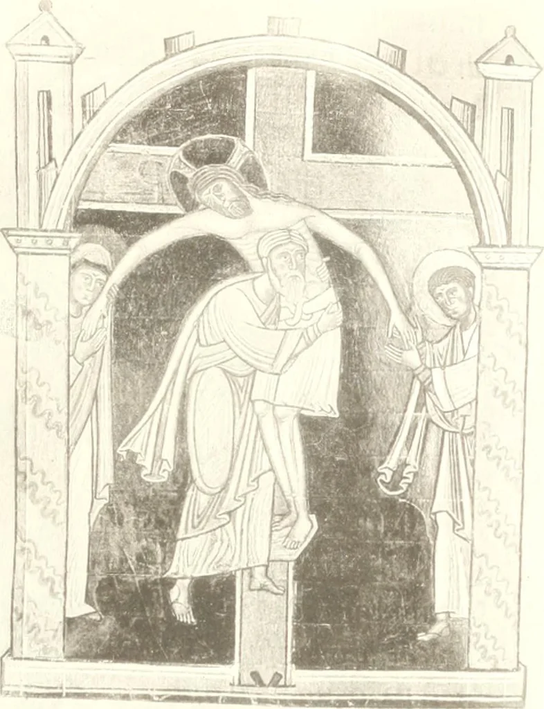 An illustration from Die Regensburger Buchmalerei des X. und XI. Jahrhunderts, Studien zur Geschichte der deutschen Malerei des frühen Mittelalters, 1901, leaf 302