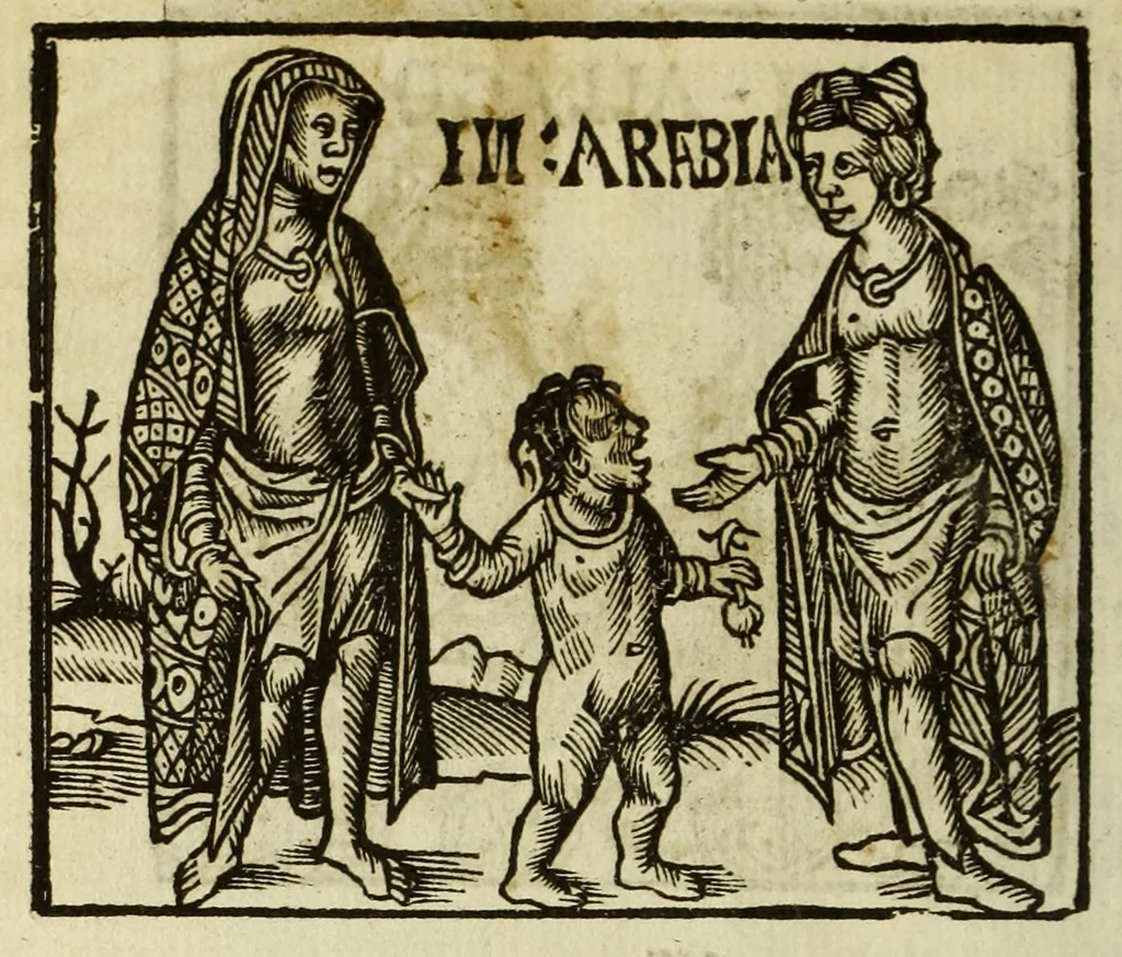 An illustration from Die reyse va[n] Lissebone om te vare[n]na obs[em?] eyela[n]dt Naguarir in groot Indien gheleghen voor bi Callicuten en[n] Gutschi[n] dair dye stapel is vander specerie[n] daer ons wonderlijcke di[n]ge[n] wed[er?]uarem zy[n]. en[n] dair wijveel ghesie[n] hebbe[n], als hier nd ghescreue[n] staet, 1508, leaf 10