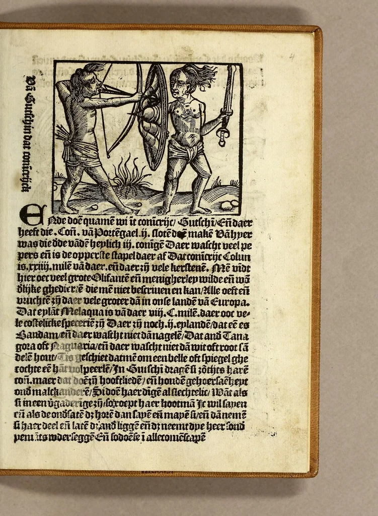An illustration from Die reyse va[n] Lissebone om te vare[n]na obs[em?] eyela[n]dt Naguarir in groot Indien gheleghen voor bi Callicuten en[n] Gutschi[n] dair dye stapel is vander specerie[n] daer ons wonderlijcke di[n]ge[n] wed[er?]uarem zy[n]. en[n] dair wijveel ghesie[n] hebbe[n], als hier nd ghescreue[n] staet, 1508, leaf 13