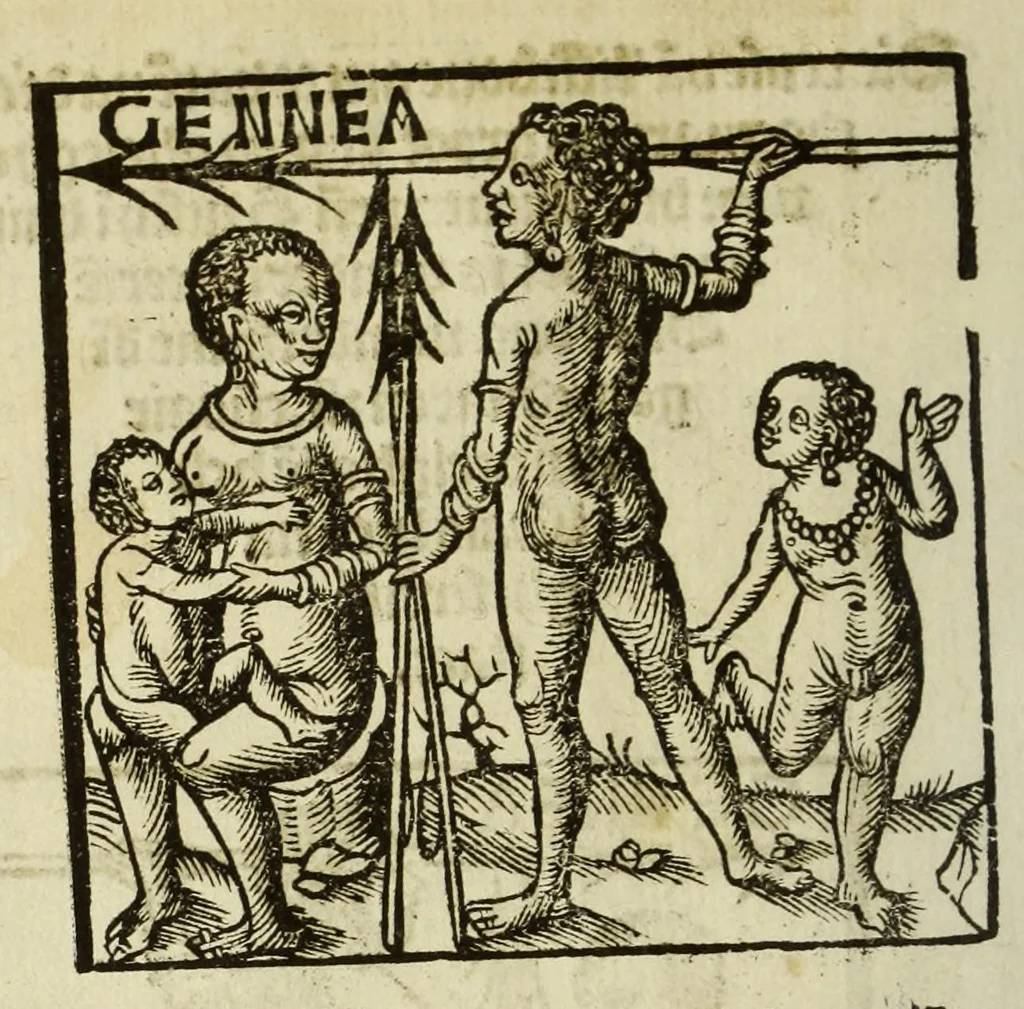 An illustration from Die reyse va[n] Lissebone om te vare[n]na obs[em?] eyela[n]dt Naguarir in groot Indien gheleghen voor bi Callicuten en[n] Gutschi[n] dair dye stapel is vander specerie[n] daer ons wonderlijcke di[n]ge[n] wed[er?]uarem zy[n]. en[n] dair wijveel ghesie[n] hebbe[n], als hier nd ghescreue[n] staet, 1508, leaf 8