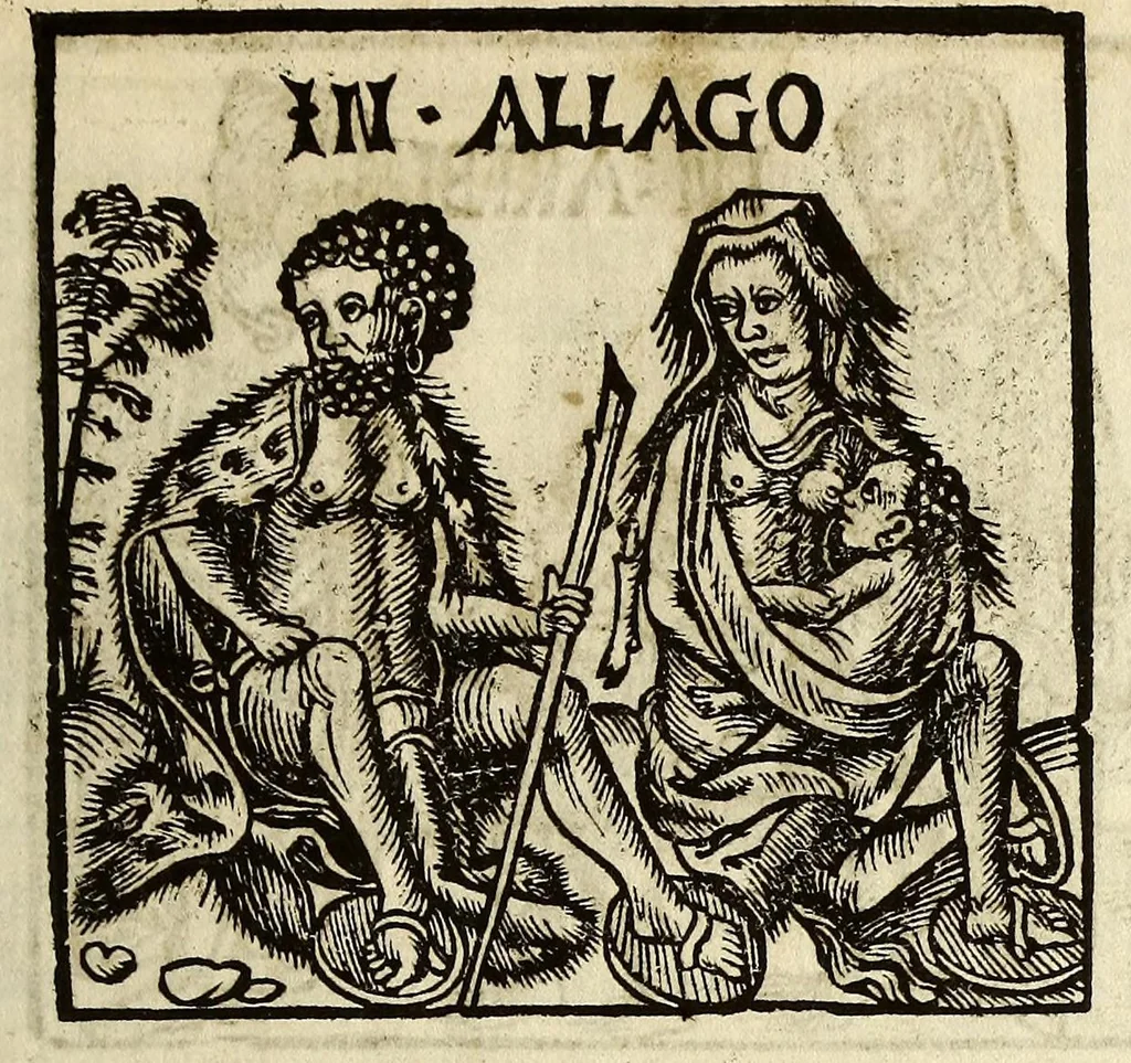 An illustration from Die reyse va[n] Lissebone om te vare[n]na obs[em?] eyela[n]dt Naguarir in groot Indien gheleghen voor bi Callicuten en[n] Gutschi[n] dair dye stapel is vander specerie[n] daer ons wonderlijcke di[n]ge[n] wed[er?]uarem zy[n]. en[n] dair wijveel ghesie[n] hebbe[n], als hier nd ghescreue[n] staet, 1508, leaf 9