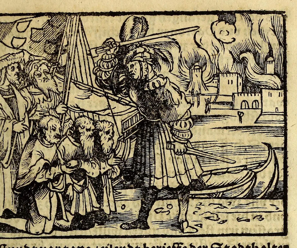 An illustration from Die ritterliche vnnd lobwirdige Reyss, des gestrengen vnd vber all ander weit erfarne Ritter, vnnd Landtfahrer, Herrn Ludovico Vartomans von Bolonia, sagend von den Landen Egypto, Syria, von beiden Arabia, Persia, India, vnd Ethiopia ., 1548, leaf 215