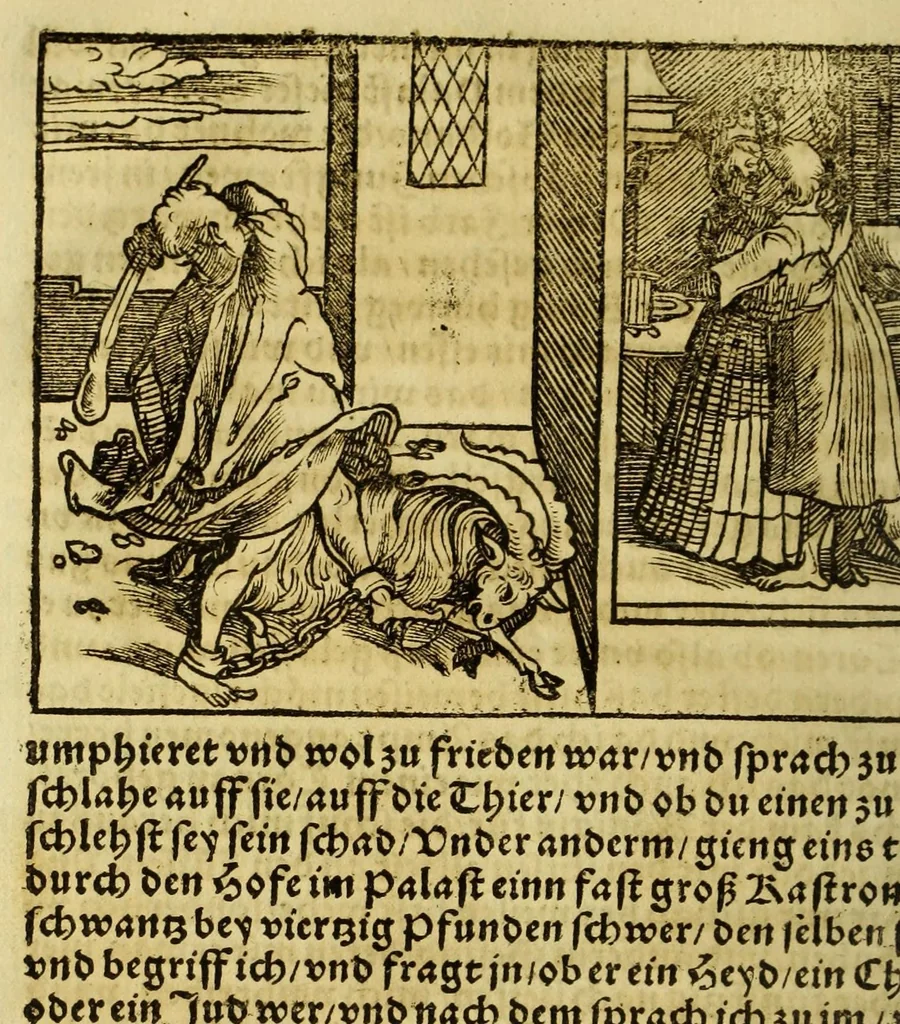An illustration from Die ritterliche vnnd lobwirdige Reyss, des gestrengen vnd vber all ander weit erfarne Ritter, vnnd Landtfahrer, Herrn Ludovico Vartomans von Bolonia, sagend von den Landen Egypto, Syria, von beiden Arabia, Persia, India, vnd Ethiopia ., 1548, leaf 58