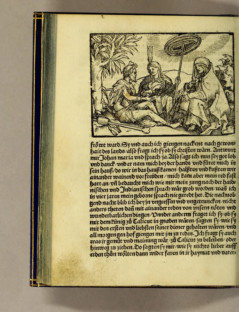 An illustration from Die ritterlich vnd lobwirdig Raiss des gestre[n]gen vnd über all ander weyt erfarnen Ritters vn[d] Landtfarers, Herren Ludowico Vartomans von Bolonia. Sagent vo[n] den Landen Egipto. Syria, vo[n] bayden Arabia. Persia. India. vn[d] Ethiopia ., 1518, leaf 158