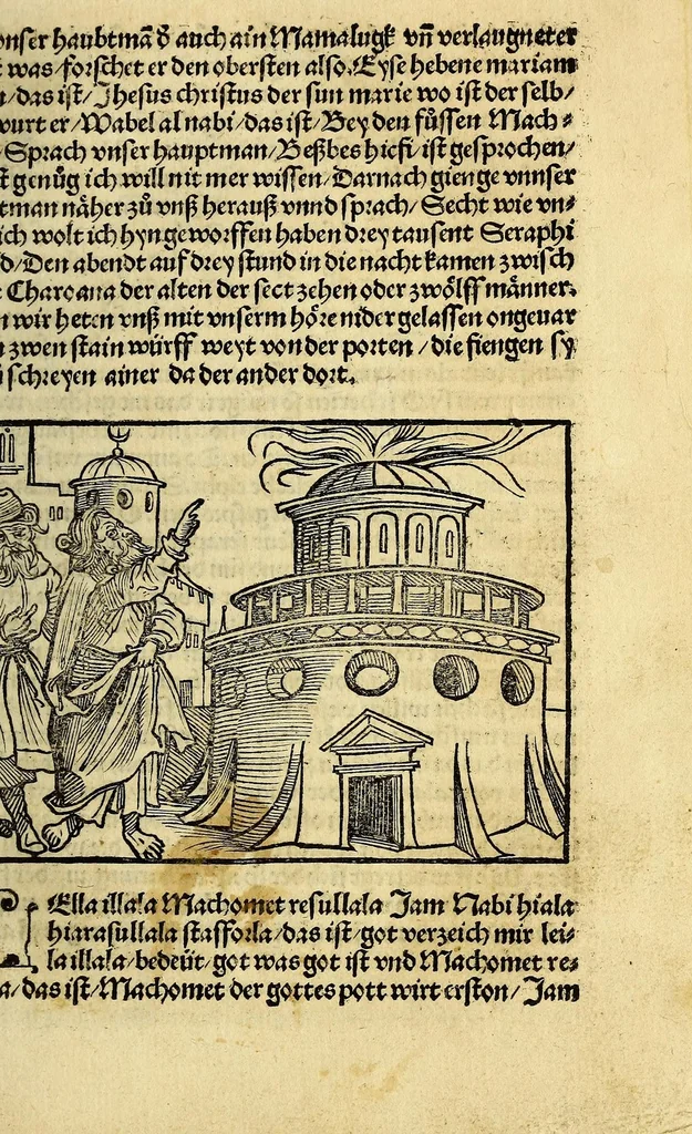 An illustration from Die ritterlich vnd lobwirdig Raiss des gestre[n]gen vnd über all ander weyt erfarnen Ritters vn[d] Landtfarers, Herren Ludowico Vartomans von Bolonia. Sagent vo[n] den Landen Egipto. Syria, vo[n] bayden Arabia. Persia. India. vn[d] Ethiopia ., 1518, leaf 31