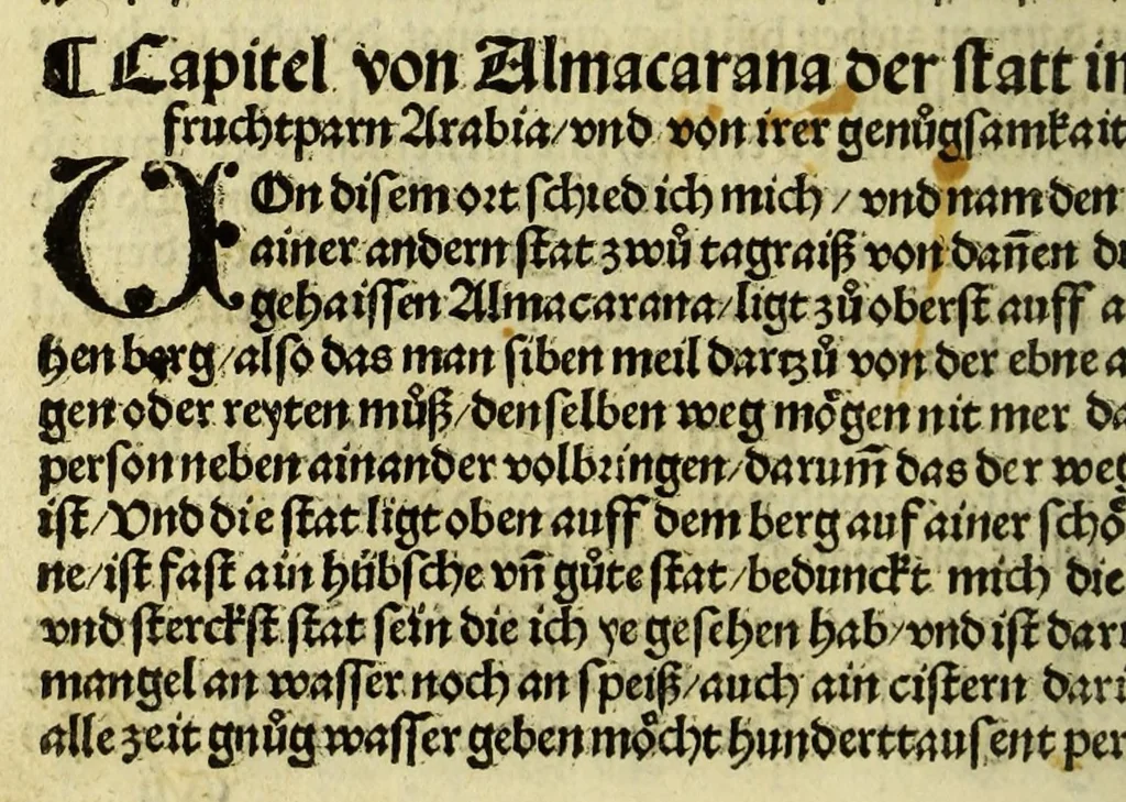 An illustration from Die ritterlich vnd lobwirdig Raiss des gestre[n]gen vnd über all ander weyt erfarnen Ritters vn[d] Landtfarers, Herren Ludowico Vartomans von Bolonia. Sagent vo[n] den Landen Egipto. Syria, vo[n] bayden Arabia. Persia. India. vn[d] Ethiopia ., 1518, leaf 60