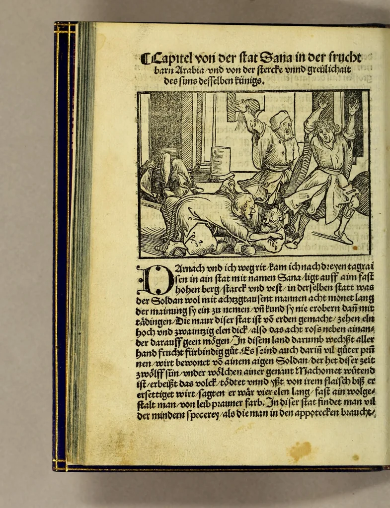 An illustration from Die ritterlich vnd lobwirdig Raiss des gestre[n]gen vnd über all ander weyt erfarnen Ritters vn[d] Landtfarers, Herren Ludowico Vartomans von Bolonia. Sagent vo[n] den Landen Egipto. Syria, vo[n] bayden Arabia. Persia. India. vn[d] Ethiopia ., 1518, leaf 62