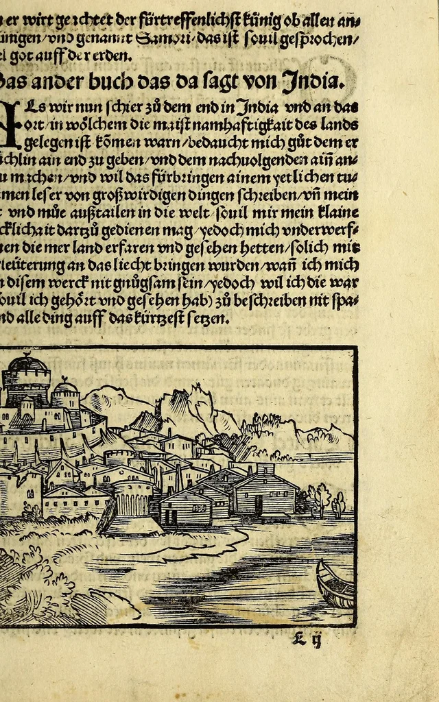 An illustration from Die ritterlich vnd lobwirdig Raiss des gestre[n]gen vnd über all ander weyt erfarnen Ritters vn[d] Landtfarers, Herren Ludowico Vartomans von Bolonia. Sagent vo[n] den Landen Egipto. Syria, vo[n] bayden Arabia. Persia. India. vn[d] Ethiopia ., 1518, leaf 91