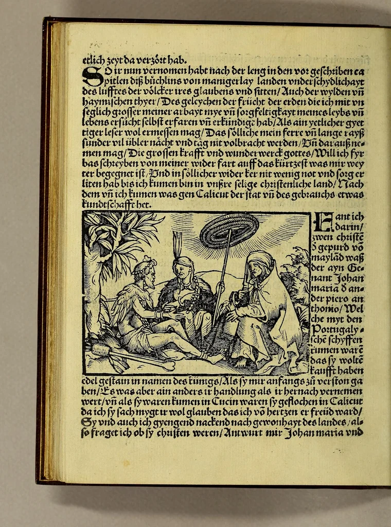 An illustration from Die ritterlich vn[d] lobwirdig Rayss des gestrengen vn[d] über all ander weyt erfarnen Ritters vnd Lantfarers Herren Ludowico Vartomans vo[n] Bolonia sagent vo[n] den Landen, Egypto, Syria vo[n] bayden Arabia Persia India un[d] Ethiopia ., 1515, leaf 128