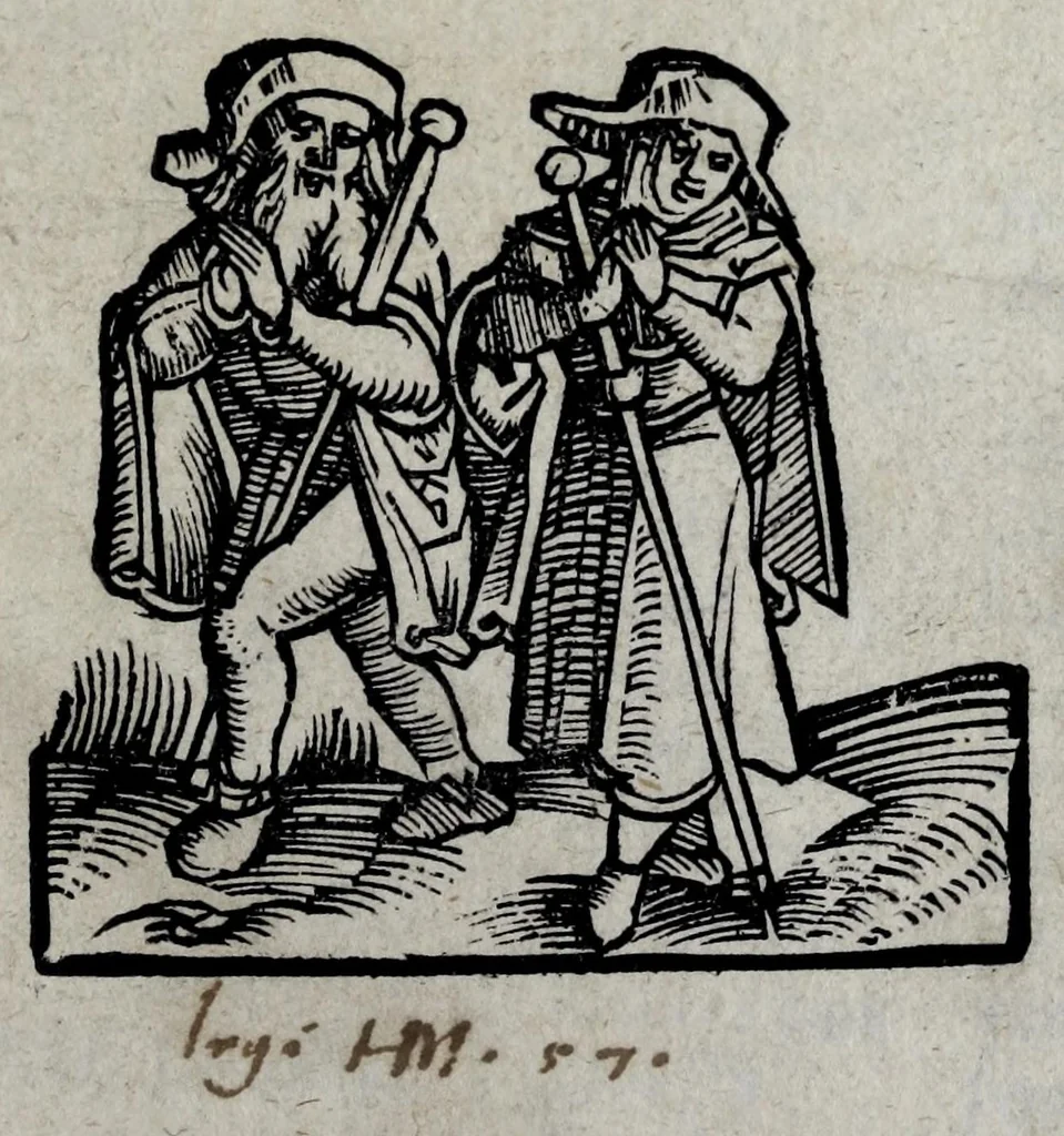 An illustration from Die Rotwelsch Grammatic vnnd Barlen der Wanderschafft : dardurch den Weiszhulmen geuopt, die Hautzin besefelt, vnnd die Horcken vermonet : damit mann stettinger vnd speltling vberkompt im Schrefenboss Johann zu schöcheren vñ mit Riblingen zurürn hab, 1545, leaf 5