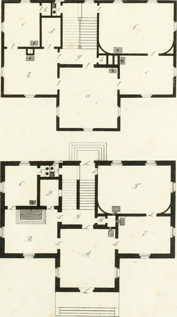 An illustration from Die schöne Landbaukunst, oder, Neue Ideen und Vorschriften zu Landgebäuden, Landhäusern und Oekonomie-Gebäuden im gefälligen : Ideen zu Gebäuden für öffentliche und Privatbelustigungen, ingleichen zu Gebäuden im ernsthaftern aber edlen Style, in Grundrissen, Aufrissen und Durchschnitten, 1798, leaf 42