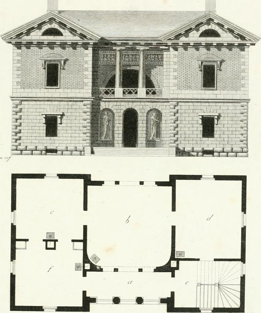 An illustration from Die schöne Landbaukunst, oder, Neue Ideen und Vorschriften zu Landgebäuden, Landhäusern und Oekonomie-Gebäuden im gefälligen : Ideen zu Gebäuden für öffentliche und Privatbelustigungen, ingleichen zu Gebäuden im ernsthaftern aber edlen Style, in Grundrissen, Aufrissen und Durchschnitten, 1798, leaf 44