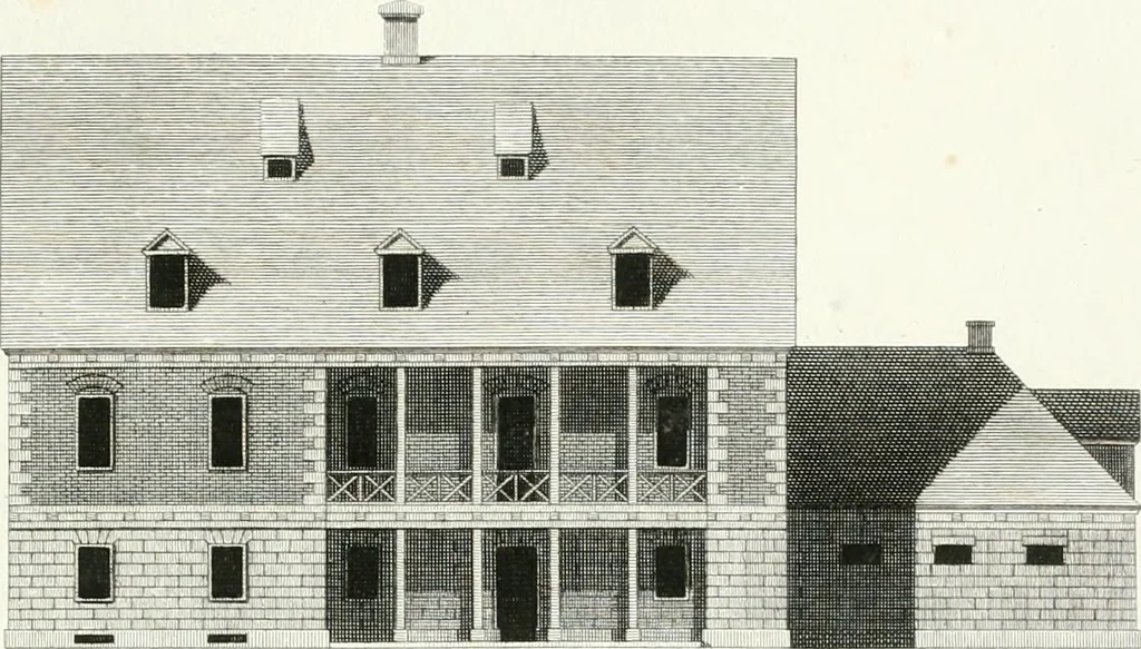 An illustration from Die schöne Landbaukunst, oder, Neue Ideen und Vorschriften zu Landgebäuden, Landhäusern und Oekonomie-Gebäuden im gefälligen : Ideen zu Gebäuden für öffentliche und Privatbelustigungen, ingleichen zu Gebäuden im ernsthaftern aber edlen Style, in Grundrissen, Aufrissen und Durchschnitten, 1798, leaf 46