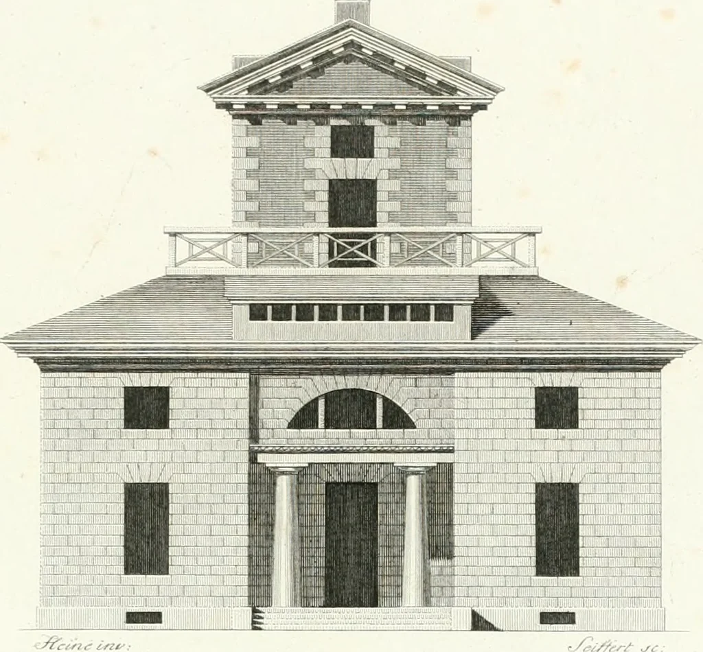 An illustration from Die schöne Landbaukunst, oder, Neue Ideen und Vorschriften zu Landgebäuden, Landhäusern und Oekonomie-Gebäuden im gefälligen : Ideen zu Gebäuden für öffentliche und Privatbelustigungen, ingleichen zu Gebäuden im ernsthaftern aber edlen Style, in Grundrissen, Aufrissen und Durchschnitten, 1798, leaf 48