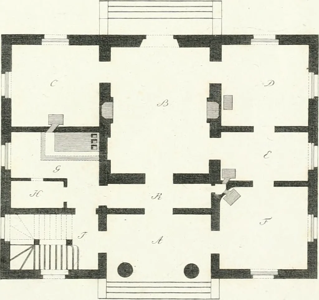 An illustration from Die schöne Landbaukunst, oder, Neue Ideen und Vorschriften zu Landgebäuden, Landhäusern und Oekonomie-Gebäuden im gefälligen : Ideen zu Gebäuden für öffentliche und Privatbelustigungen, ingleichen zu Gebäuden im ernsthaftern aber edlen Style, in Grundrissen, Aufrissen und Durchschnitten, 1798, leaf 48