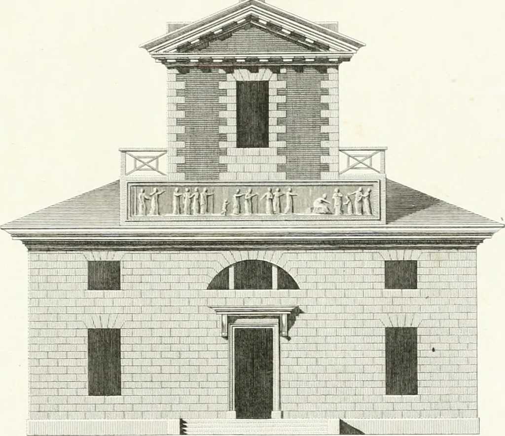 An illustration from Die schöne Landbaukunst, oder, Neue Ideen und Vorschriften zu Landgebäuden, Landhäusern und Oekonomie-Gebäuden im gefälligen : Ideen zu Gebäuden für öffentliche und Privatbelustigungen, ingleichen zu Gebäuden im ernsthaftern aber edlen Style, in Grundrissen, Aufrissen und Durchschnitten, 1798, leaf 50
