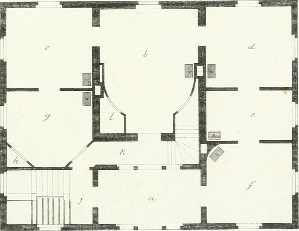 An illustration from Die schöne Landbaukunst, oder, Neue Ideen und Vorschriften zu Landgebäuden, Landhäusern und Oekonomie-Gebäuden im gefälligen : Ideen zu Gebäuden für öffentliche und Privatbelustigungen, ingleichen zu Gebäuden im ernsthaftern aber edlen Style, in Grundrissen, Aufrissen und Durchschnitten, 1798, leaf 50