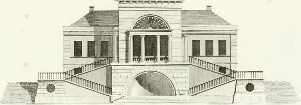 An illustration from Die schöne Landbaukunst, oder, Neue Ideen und Vorschriften zu Landgebäuden, Landhäusern und Oekonomie-Gebäuden im gefälligen : Ideen zu Gebäuden für öffentliche und Privatbelustigungen, ingleichen zu Gebäuden im ernsthaftern aber edlen Style, in Grundrissen, Aufrissen und Durchschnitten, 1798, leaf 52