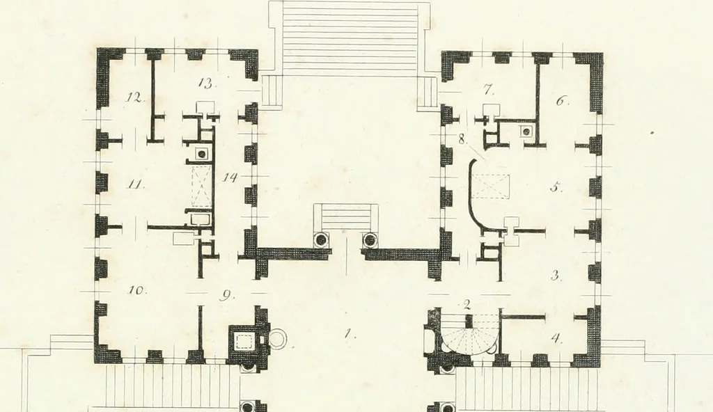 An illustration from Die schöne Landbaukunst, oder, Neue Ideen und Vorschriften zu Landgebäuden, Landhäusern und Oekonomie-Gebäuden im gefälligen : Ideen zu Gebäuden für öffentliche und Privatbelustigungen, ingleichen zu Gebäuden im ernsthaftern aber edlen Style, in Grundrissen, Aufrissen und Durchschnitten, 1798, leaf 54